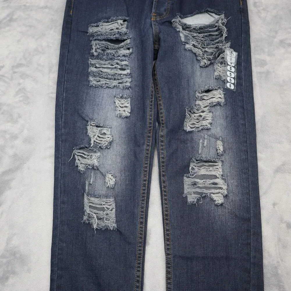 American Bazi Pants Womens 5 Blue Denim Straight Distressed High Rise Long Pants